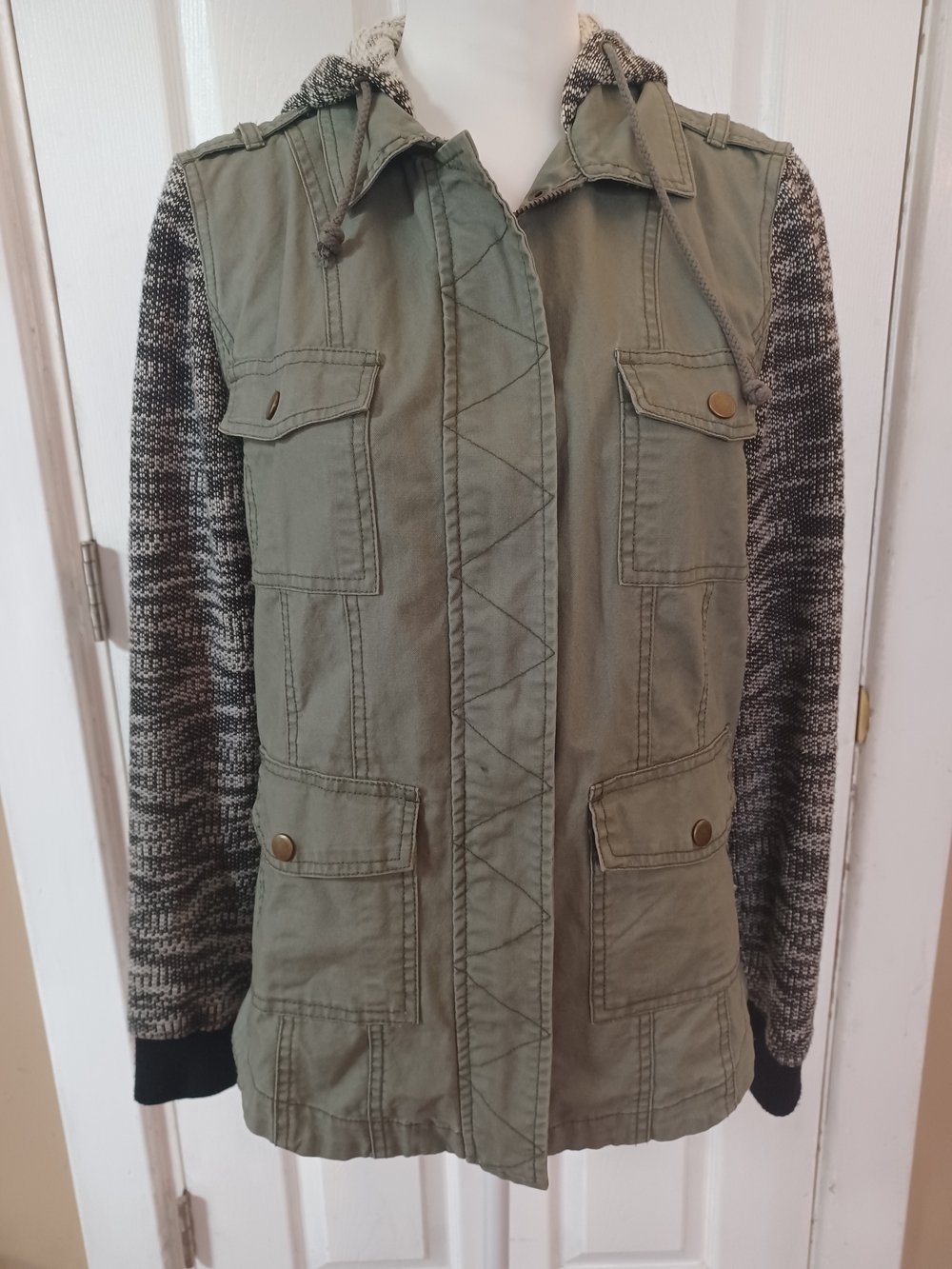 Vintage Mudd Y2K Military Utility Jacket Marled Knit Hooded Sleeves Size M